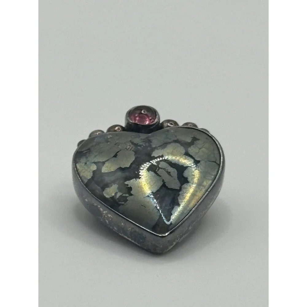 Sterling Silver KA Signed Multicolor Heart Cabochon Pendant Brooch Pin